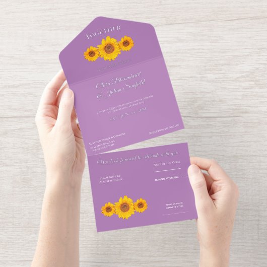 rustikale Hochzeit mit Sonnenblumen - lila All-in-One-Einladung (Abreißstreifen)