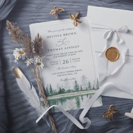 Rustikale Hochzeit mit Wasserfarben-QR-Code im Geb Einladung