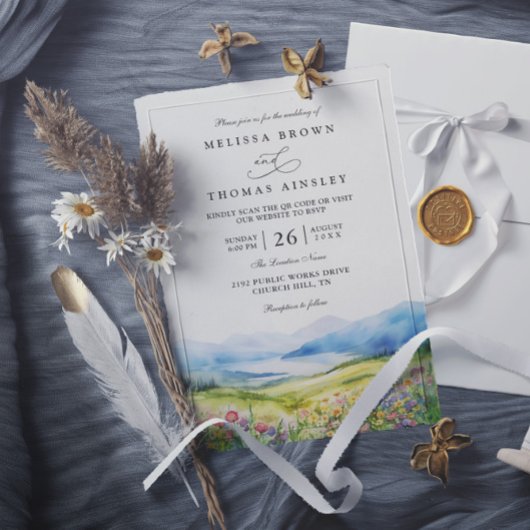 Rustikale Hochzeit mit Wildblumen und QR-Code in d Einladung