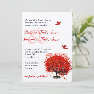 Rustikale Hochzeit Roter Wald Baum Liebesvögel Einladung