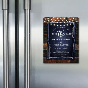 Rustikale Hochzeit-Save-Date-Holz-Lichter-Denim-Ma Magnetkarte