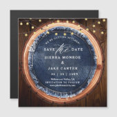 Rustikale Hochzeit-Save-the-Date-Holzscheibe-Denim Magnetkarte (Vorne/Hinten)
