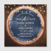 Rustikale Hochzeit-Save-the-Date-Holzscheibe-Denim Magnetkarte (Vorderseite)