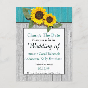 Rustikale Hochzeit Sonnenblume Teal Grau Holz Chic Ankündigungspostkarte