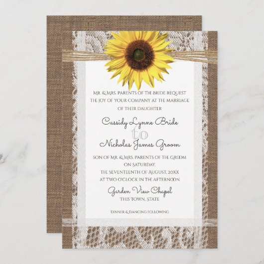 Rustikale Hochzeit und Sonnenblumen Einladung (Vorne/Hinten)