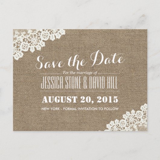 Rustikale Hochzeit Vintag Laked Burlap Ankündigungspostkarte (Vorderseite)