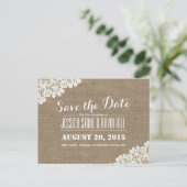 Rustikale Hochzeit Vintag Laked Burlap Ankündigungspostkarte (Stehend Vorderseite)