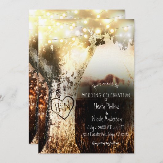 Rustikale Hochzeit von Baum- und Lichterketten Einladung (Vorne/Hinten)