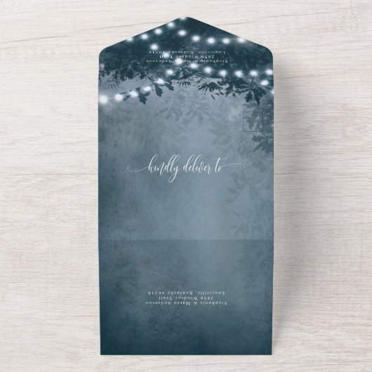 Rustikale Hochzeit von blauen Baumreihen All In One Einladung (Außenbereich)