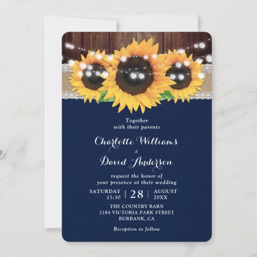 Rustikale Hochzeit von Blauer Sonnenblume Einladung (Vorderseite)