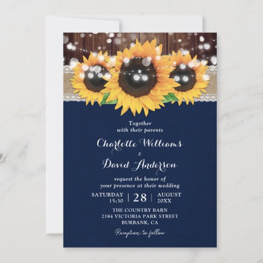 Rustikale Hochzeit von Blauer Sonnenblume Einladung (Vorderseite)