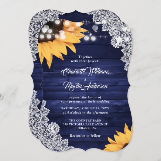 Rustikale Hochzeit von Blauholz-Spitzen-Sonnenblum Einladung (Vorne/Hinten)