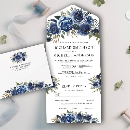 Rustikale Hochzeit von Blue Floral Bouquet All In One Einladung
