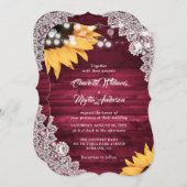 Rustikale Hochzeit von Burgundy Wood Lace Sunflowe Einladung (Vorne/Hinten)