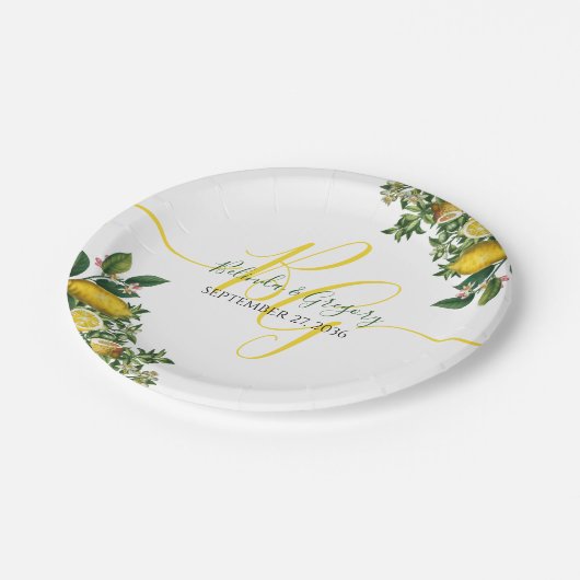 Rustikale Hochzeit von Gelben Zitronen und Blätter Pappteller (Schrägansicht)