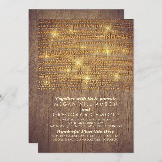 Rustikale Hochzeit von Gold Glitzer String Lights Einladung (Vorne/Hinten)