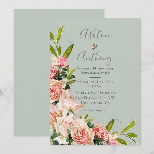 Rustikale Hochzeit von Grün blütendem Blumengebäck Einladung (Vorne/Hinten)