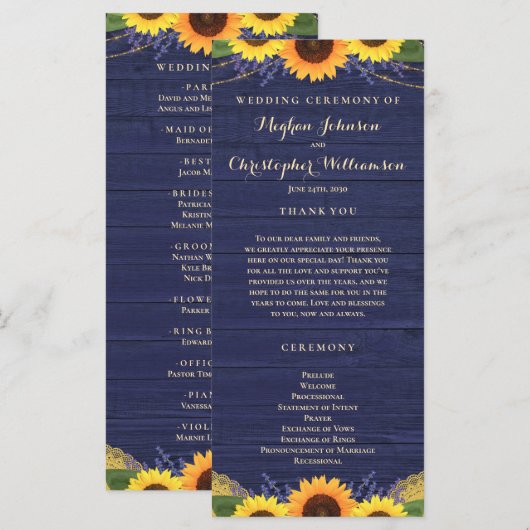 Rustikale Hochzeit von Holz Lights Lace Navy Sonne Programm (Vorne/Hinten)