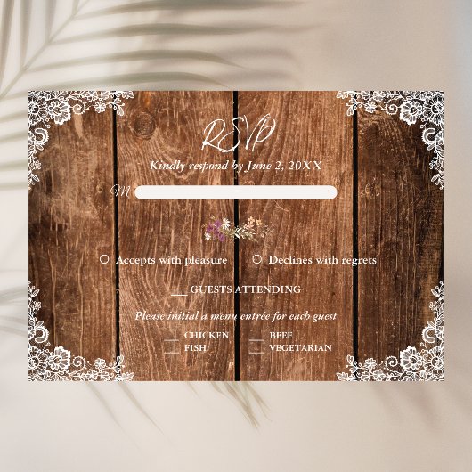 Rustikale Hochzeit von Holz und Spitzen RSVP Karte
