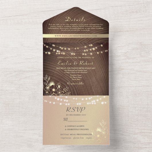 Rustikale Hochzeit von Holz und Streichellicht All In One Einladung (Innen Boden)