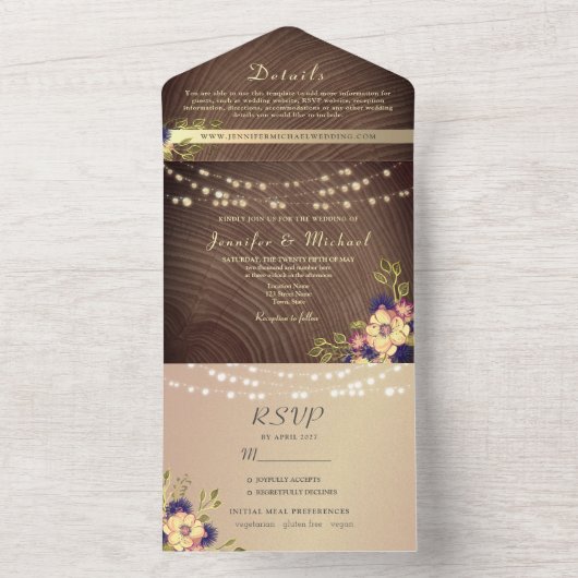 Rustikale Hochzeit von Holz und Streichellicht All In One Einladung (Innen Boden)