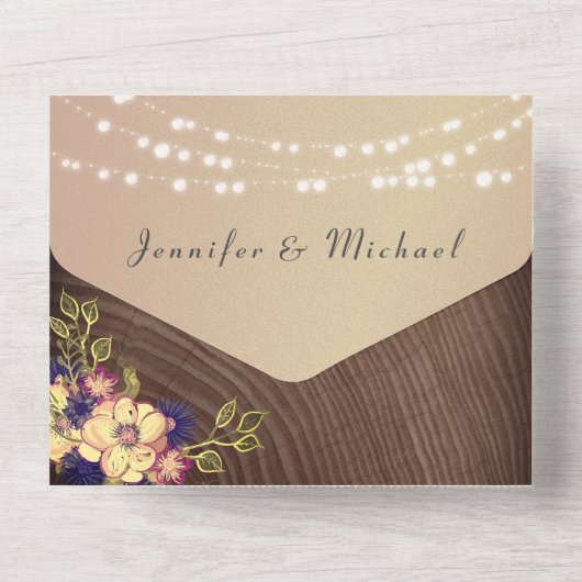 Rustikale Hochzeit von Holz und Streichellicht All In One Einladung (Rückseite)