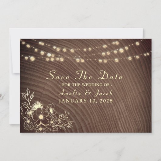 Rustikale Hochzeit von Holz und Streichellicht Save The Date (Vorderseite)