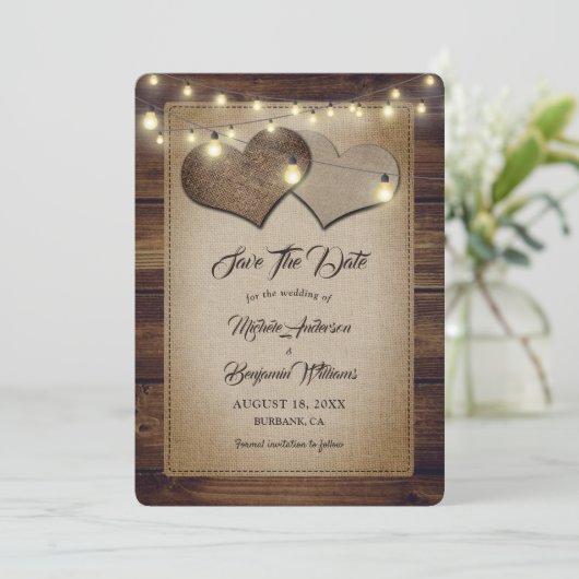 Rustikale Hochzeit von Holzbastelbäumen Save The Date (Stehend Vorderseite)