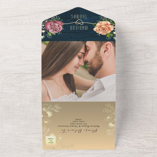 Rustikale Hochzeit von Holzblumen in einer Einladu All In One Einladung (Außenbereich)