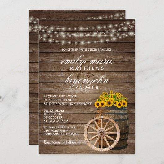 Rustikale Hochzeit von Holzfass und Sonnenblumen Einladung (Vorne/Hinten)