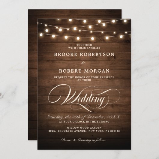 Rustikale Hochzeit von Holzstring Lights Kalligrap Einladung (Vorne/Hinten)