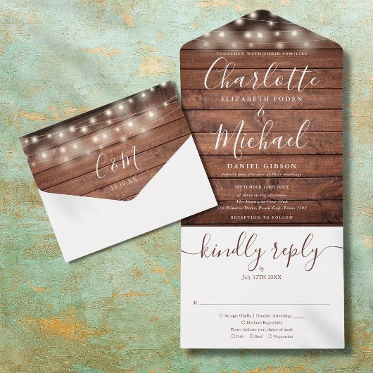 Rustikale Hochzeit von Holzstring Lights Monogram All In One Einladung