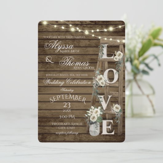 Rustikale Hochzeit von Ladder und White Roses Lieb Einladung (Stehend Vorderseite)