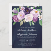 Rustikale Hochzeit von Lila Blumen-Navy-QR-Code Einladung (Vorderseite)