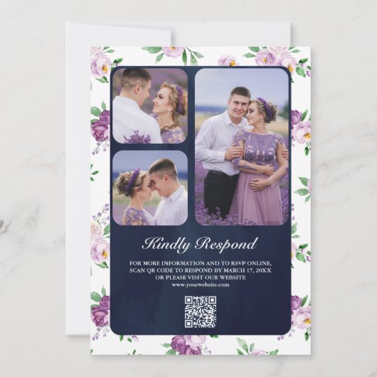 Rustikale Hochzeit von Lila Blumen-Navy-QR-Code Einladung (Rückseite)