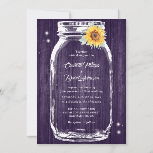Rustikale Hochzeit von Lila Holz Mason Jar Sonnenb Einladung (Vorderseite)