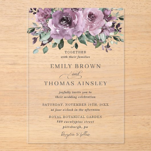 Rustikale Hochzeit von Mauve Plum Lila Blumengrün Acryleinladungen (Vorderseite)