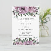 Rustikale Hochzeit von Mauve Plum Lila Blumengrün Save The Date (Stehend Vorderseite)