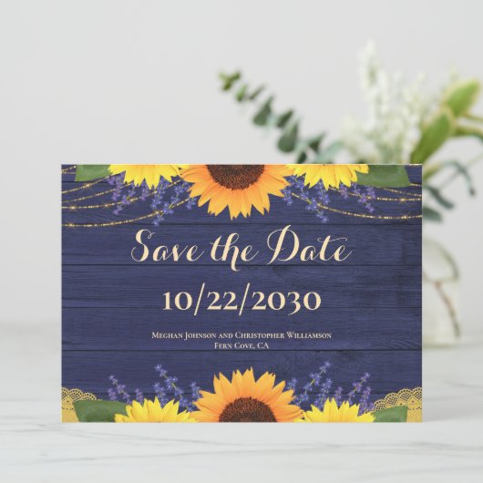 Rustikale Hochzeit von Navy-Holz-Streichelleuchten Save The Date (Stehend Vorderseite)