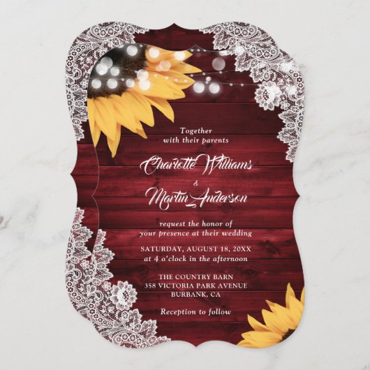 Rustikale Hochzeit von Rotem Holz und Sonnenblumen Einladung (Vorne/Hinten)
