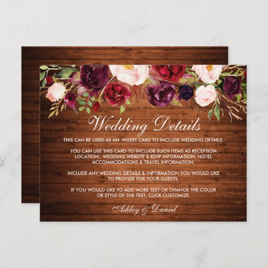 Rustikale Hochzeitdetails Burgund Blumenwaldkarte Postkarte (Vorne/Hinten)