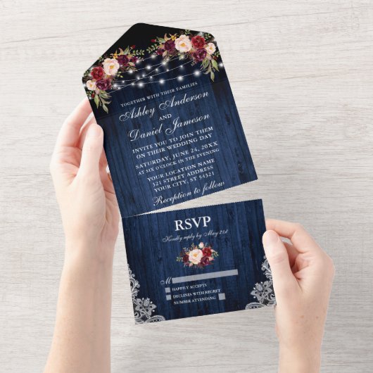 Rustikale Hochzeiten bläulich blauer Holzbalken All In One Einladung (Abreißen)