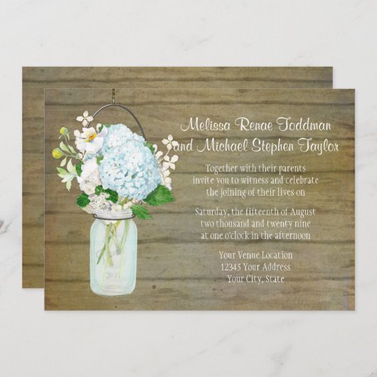 Rustikale Hochzeiten Mason Jar Blue Hydrangeas Einladung (Vorne/Hinten)