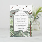 Rustikale Hochzeiten von Bergen und Pinienwäldern Einladung (Stehend Vorderseite)