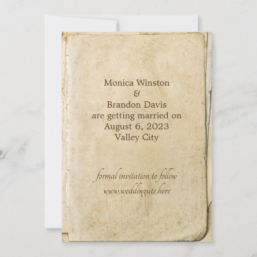 Rustikale Hochzeitkarte mit altem Papier Save the Save The Date (Rückseite)