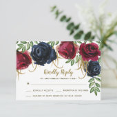 Rustikale Hochzeitkarten für Burgund und Navy Blue RSVP Karte (Stehend Vorderseite)