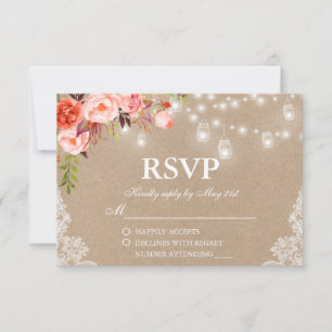 Rustikale Hochzeitkorallenleuchten Jars Kraft UAWG RSVP Karte