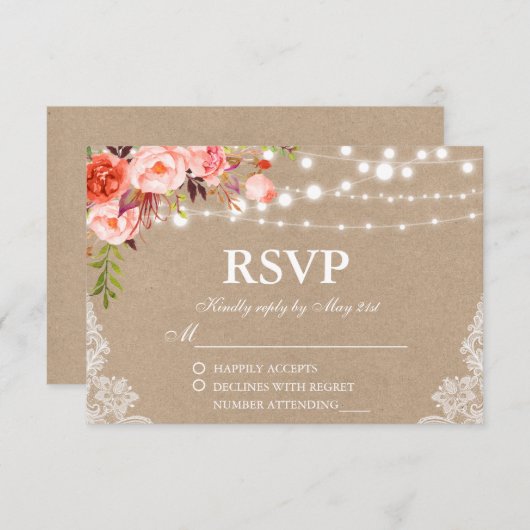 Rustikale Hochzeitkraft Korallenbeleuchtung UAWG RSVP Karte (Vorne/Hinten)