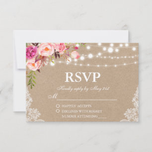 Rustikale HochzeitKraft Pink Blütenleuchten Spitze RSVP Karte