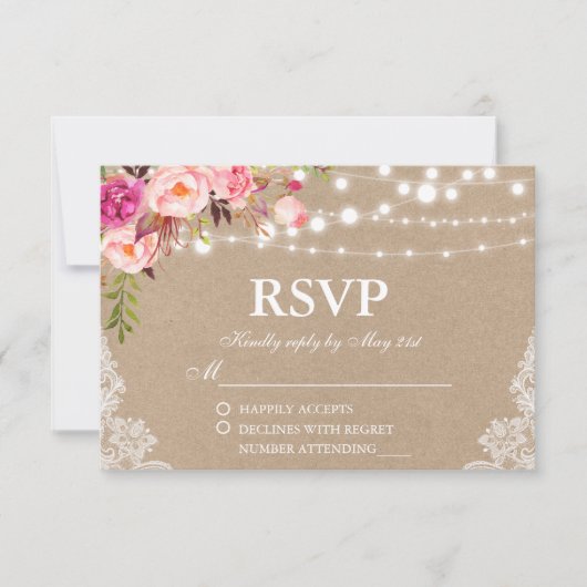Rustikale HochzeitKraft Pink Blütenleuchten Spitze RSVP Karte (Vorderseite)